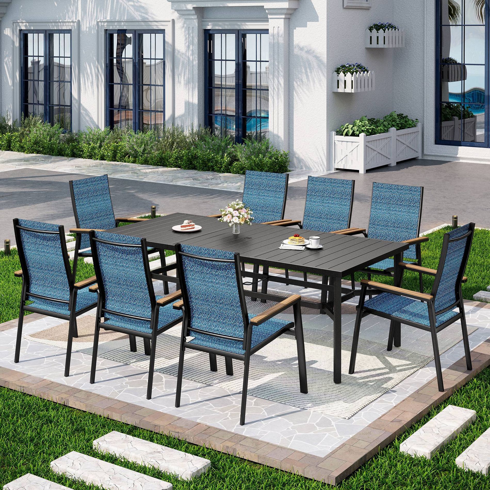 Captiva Designs 9pc Outdoor Dining Set with Rectangle Table and Blue Aluminium Textilene Chairs