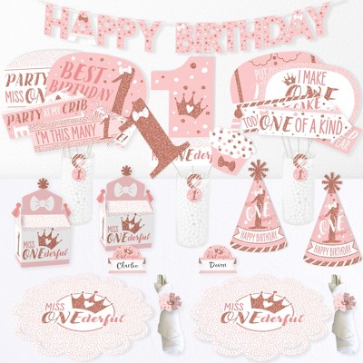 Big Dot of Happiness 1st Birthday Little Miss Onederful - Girl First Happy  Birthday Party Supplies Kit - Ready to Party Pack - 8 Guests