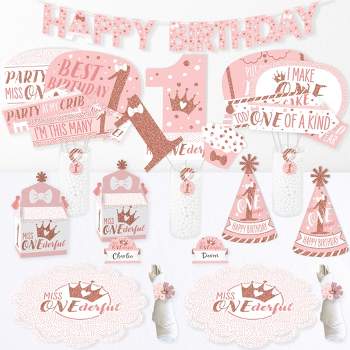 Big Dot of Happiness 1st Birthday Little Miss Onederful - Girl First Happy Birthday Party Supplies Kit - Ready to Party Pack - 8 Guests