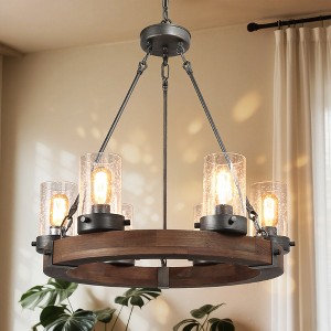 LNC Laius 24.8-in Farmhouse Wagon Wheel Chandelier with Seeded Glass Shades, Silver and Wood Finish, 6-Light - 1 of 4