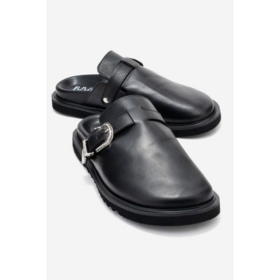 Vesta - Black Buckled Genuine Leather Closed-Toe Mule (Women) | Forever & Always Shoes
