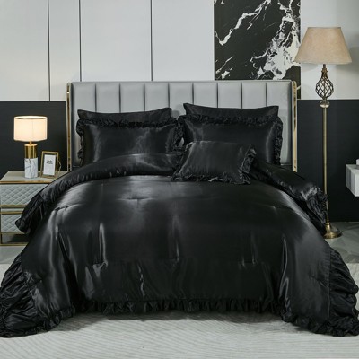 Satin Ruffle Comforter Set with Sheets – 8-Piece Bed in a Bag, Ruched Pleated Luxury Bedding with Pillowcases & Cushion Cover