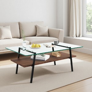 35.43" Glass Oval Coffee Table with Oak Legs - 1 of 4