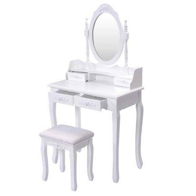 Tangkula Oval Mirror 4 Drawer Vanity Mirror Makeup Table w/ Cushioned Stool