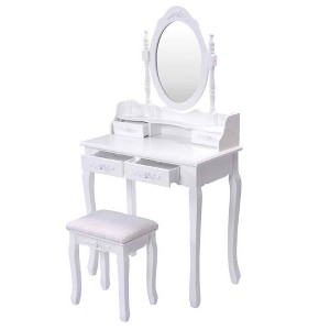 Tangkula Oval Mirror 4 Drawer Vanity Mirror Makeup Table w/ Cushioned Stool - 1 of 4