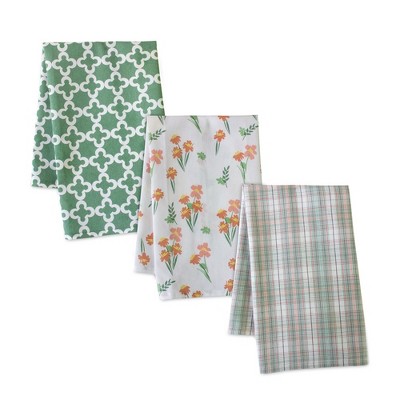 Set of 3 Green, Orange, and White Cotton Tea Towels