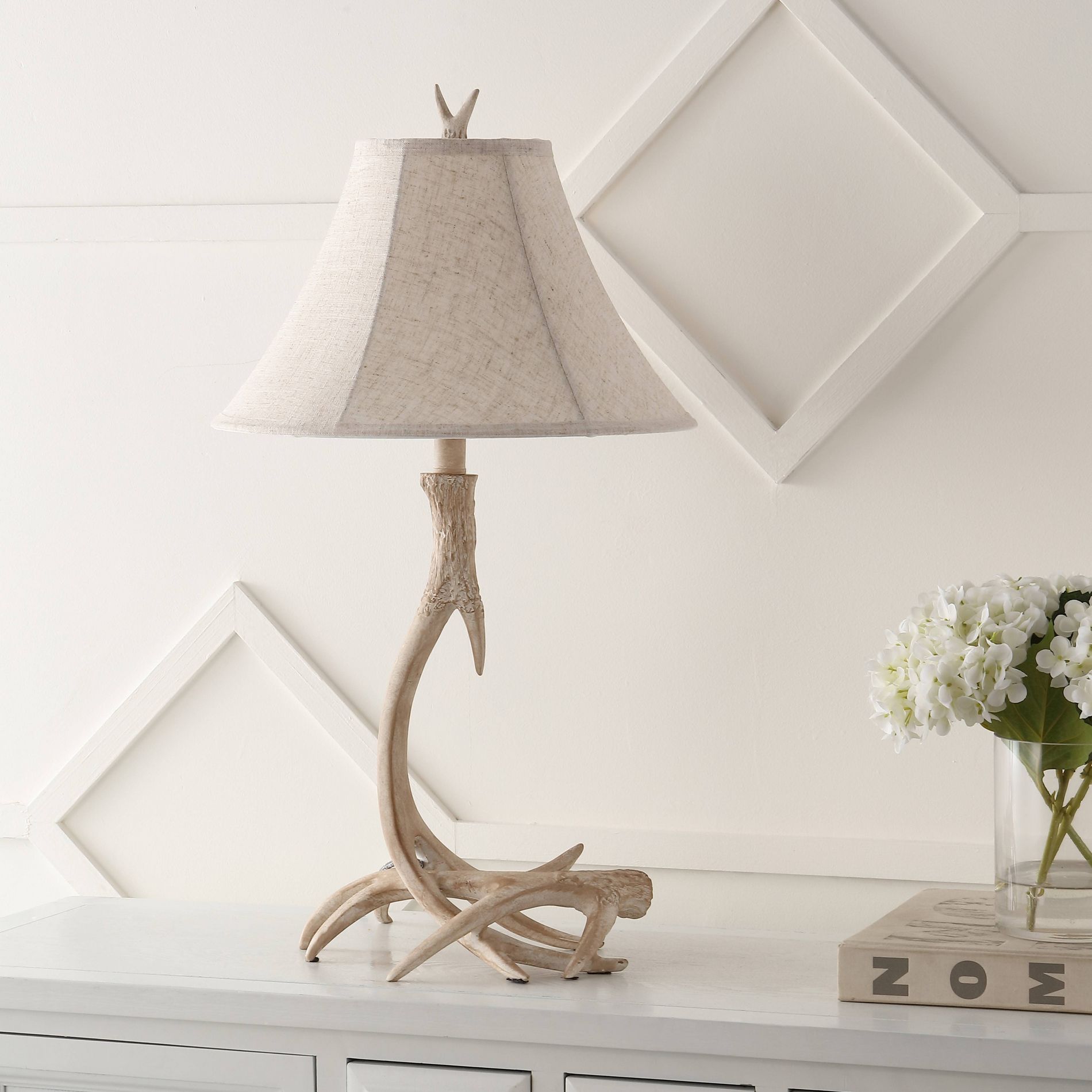 27.5" Antler Rustic Resin LED Table Lamp Beige - JONATHAN Y: Linen Shade, Cabin Decor
