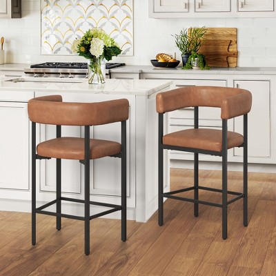 Arceso Barrel Bar Stools Set of 2, 26 Inch Upholstered Barstools with Arms & Metal Frame, Counter Height Bar Stools with Curved Backrest