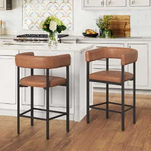 Arceso Barrel Bar Stools Set of 2, 26 Inch Upholstered Barstools with Arms & Metal Frame, Counter Height Bar Stools with Curved Backrest - 1 of 4