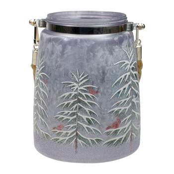 Northlight 6.25" Hand-Painted Pine Trees and Cardinals Flameless Glass Christmas Candle Holder
