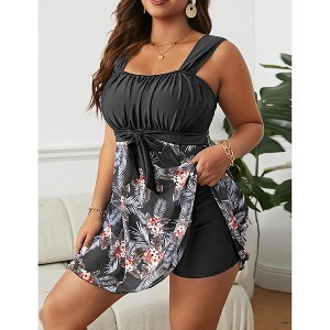 Womens Plus Size Tankini Bathing Suits with Boy Shots Ruched Front Swimdress Two-Pieces Swimsuits - 1 of 3