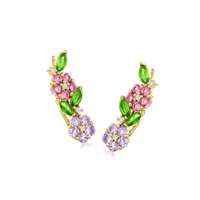 Ross-Simons 2.40 ct. t.w. Multi-Gemstone Flower Ear Climbers in 18kt Gold Over Sterling