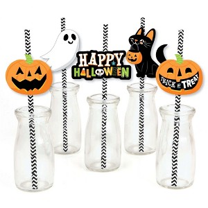 Big Dot of Happiness Jack-O'-Lantern Halloween - Paper Straw Decor - Kids Halloween Party Striped Decorative Straws - Set of 24 - 1 of 4