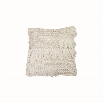 White Hand Woven 20 x 20 inch Decorative Cotton Throw Pillow Cover with Insert and Hand Braided Details and Hand Tied Fringe - Foreside Home & Garden