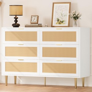 Rattan 6 Drawer Dresser, Modern Chest of Drawers with Gold Legs and Gold Handles, Wide Double Dresser - 1 of 4