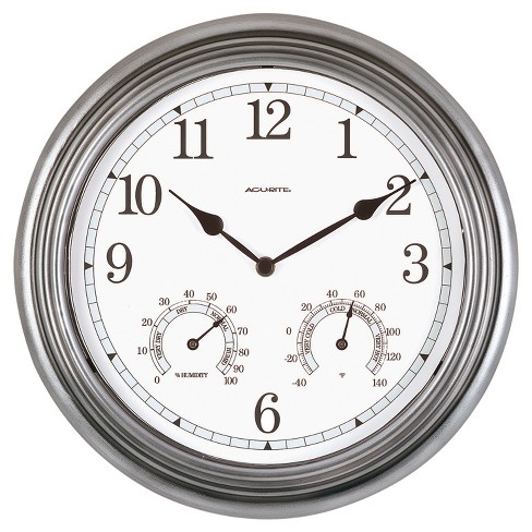 13.5 Metal Outdoor / Indoor Wall Clock With Thermometer And Humidity -  Gray - Acurite : Target