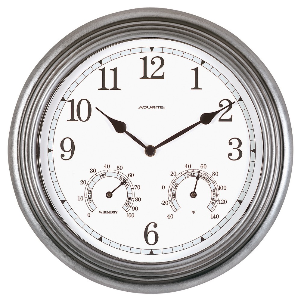Photos - Weather Station 13.5" Metal Outdoor / Indoor Wall Clock with Thermometer and Humidity - Gr