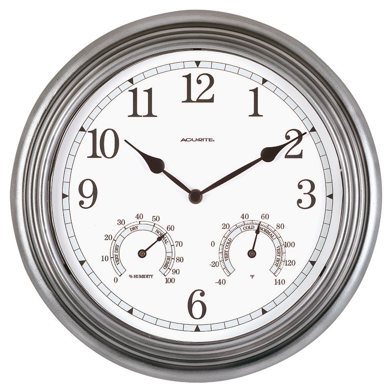 13.5" Metal Outdoor / Indoor Wall Clock with Thermometer and Humidity - Gray - Acurite, 1 of 5