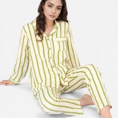 Anna-Kaci Lounge Women's Green Striped Long Sleeve Pajama Set with Button-Up Top Chest Pocket and Relaxed Straight-Leg Pants