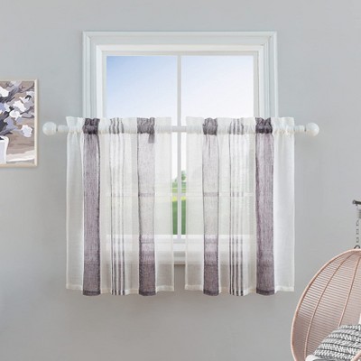 TROPOW 27"x24" Purple Striped Semi-Sheer Kitchen Curtains ¨C 2-Panel Voile Cafe Curtains for Living Room/Kitchen Windows