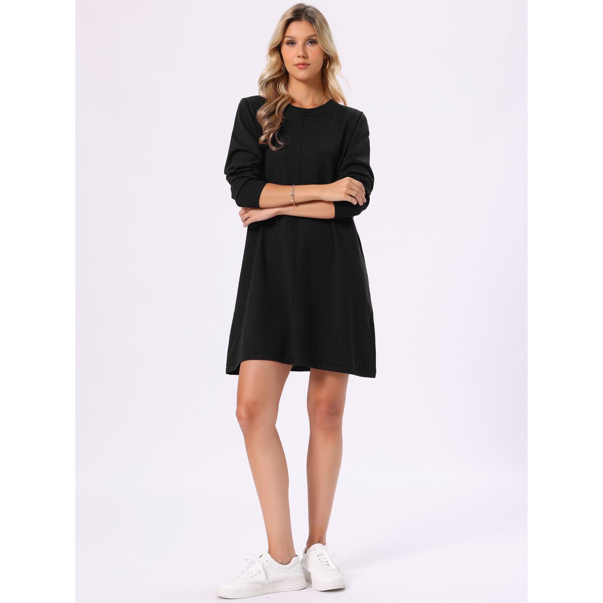 Женские платья INSPIRE CHIC Women's Knitted Round Neck Long Sleeve Ribbed Casual Midi Belt Dress Medium Black — фото 4