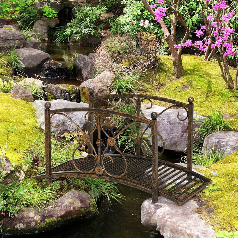 Outsunny 3.3FT Metal Arch Zen Garden Bridge with Safety Siderails, Decorative Footbridge, Delicate Floral Scrollwork for Stream, Fish Pond, 3 of 7