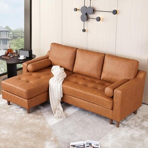1 PVC+iron+cloth strap armrests, two brackets, wooden frame, sofa bed, dark brown - 1 of 4