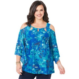 Catherines Women's Plus Size Mesh Cold Shoulder Top - 1 of 4