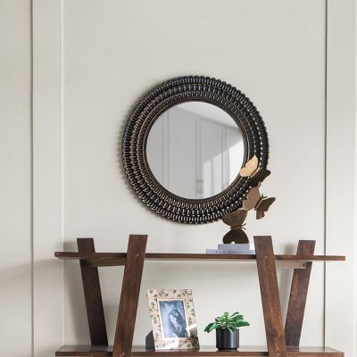 26.5 Inch Round Black And Gold Wooden Accent Mirror With Woven Texture Home Decor- The Pop Home