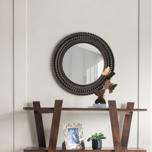 26.5 Inch Round Black And Gold Wooden Accent Mirror With Woven Texture Home Decor- The Pop Home - 1 of 4