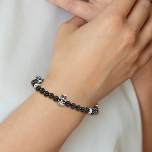 Chisel Stainless Steel Antiqued and Polished Black Agate Beaded with Skulls Stretch Bracelet - 1 of 3