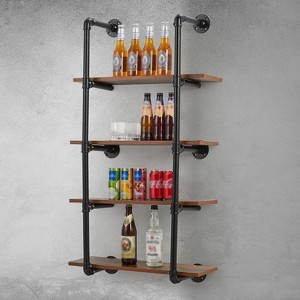 Industrial Pipe Wall-Mounted Wine Rack Shelf - 4-Tier Wood & Metal Storage for Wine, Drinks, Glasses in Bar Kitchen - 1 of 2