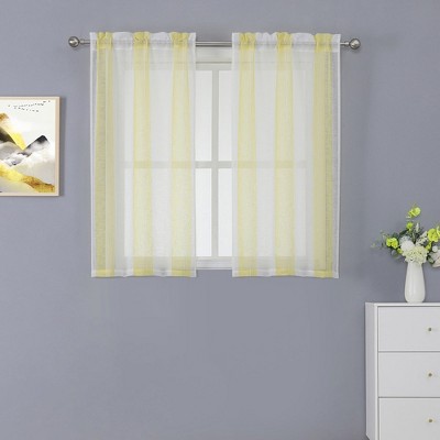 Vertical Stripe Linen Textured Voile Sheer Short Kitchen Curtains