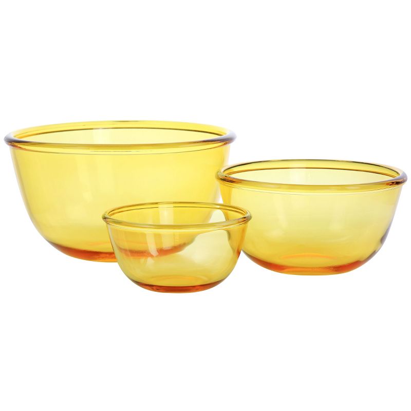 Gibson Home 3 Piece Amber Tempered Glass Bowl Set in Amber, 1 of 7