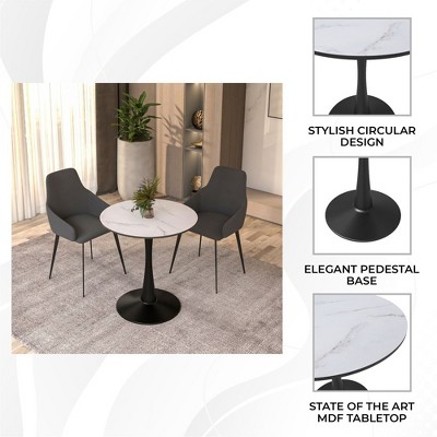24" Round Marbled White MDF Dining Table with Black Steel Pedestal Base