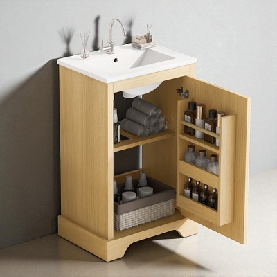 20-Inch Bathroom Vanity with Sink, Freestanding Wood Finish Cabinet, Ceramic Basin, Adjustable Shelf ,Bathroom Storage Vanity