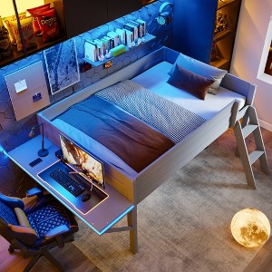 Whisen Modern Design Wood Twin Size Gaming Loft Bed with Desk and LED - 1 of 4