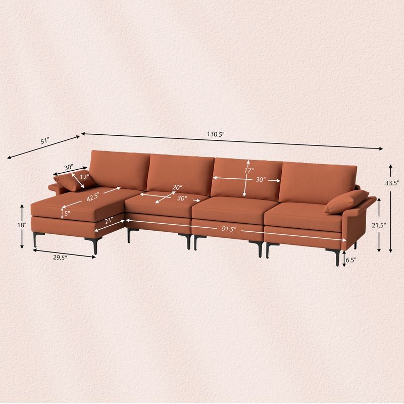Costway Modern Modular L-shaped Sectional Sofa w/ Reversible Chaise & 2 USB Ports Red\Green, 4 of 11