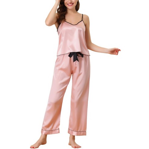 cheibear Womens Sleepwear Pjs Lace Trim Satin Lingerie Silk Cami with  Shorts Pajama Set Pink Small
