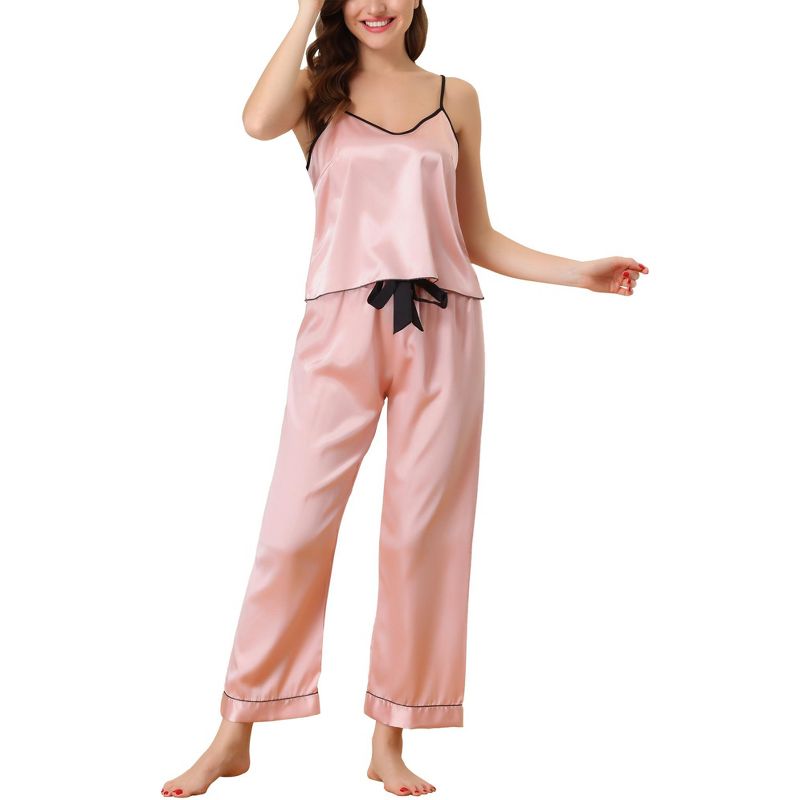 cheibear Women's Pajama Party Satin Silky Summer Camisole Cami Pants Sets, 1 of 7