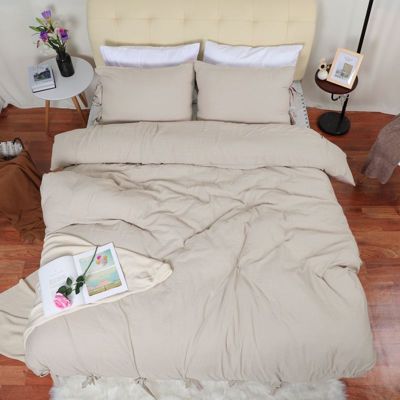 PiccoCasa Washed Cotton Solid with Bowknot Closure Duvet Cover Sets with 2 Pillow cases Queen Tan 3 Pcs, 2 of 8