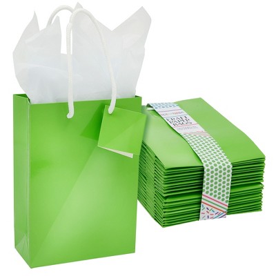 Blue Panda 20 Pack Small Green Gift Bags with Handles, Tissue Paper, Hang Tags, 7.9 x 5.5 x 2.5 In