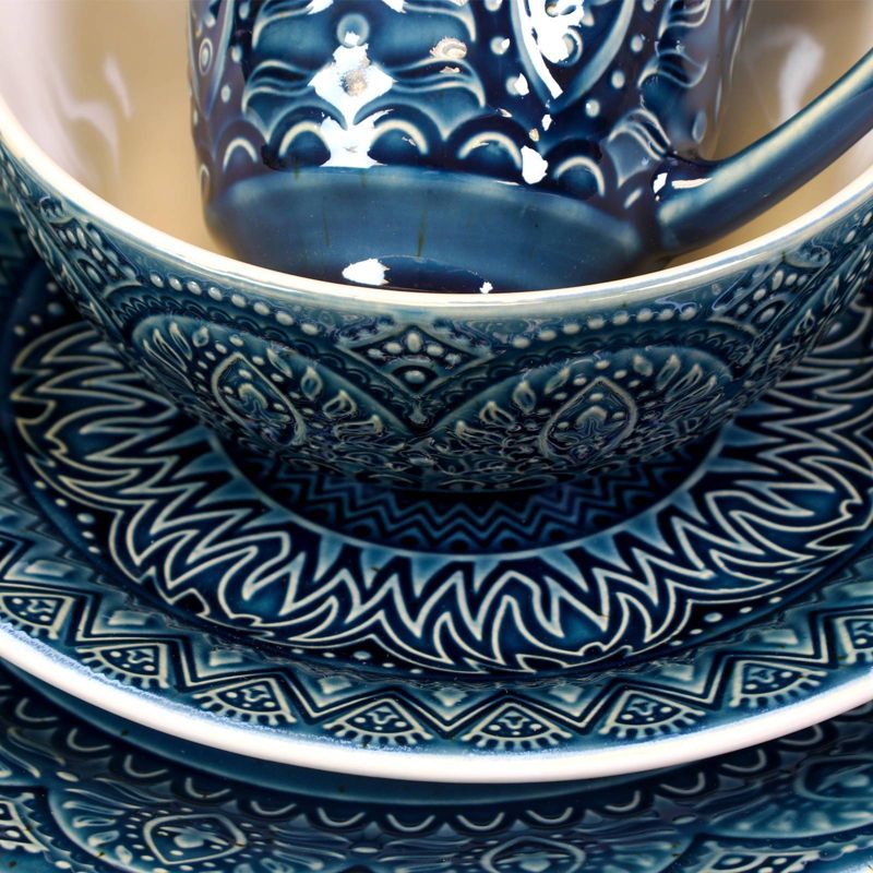 16pc Stoneware Mandala Embossed Dinnerware Set Blue - Elama, 3 of 7