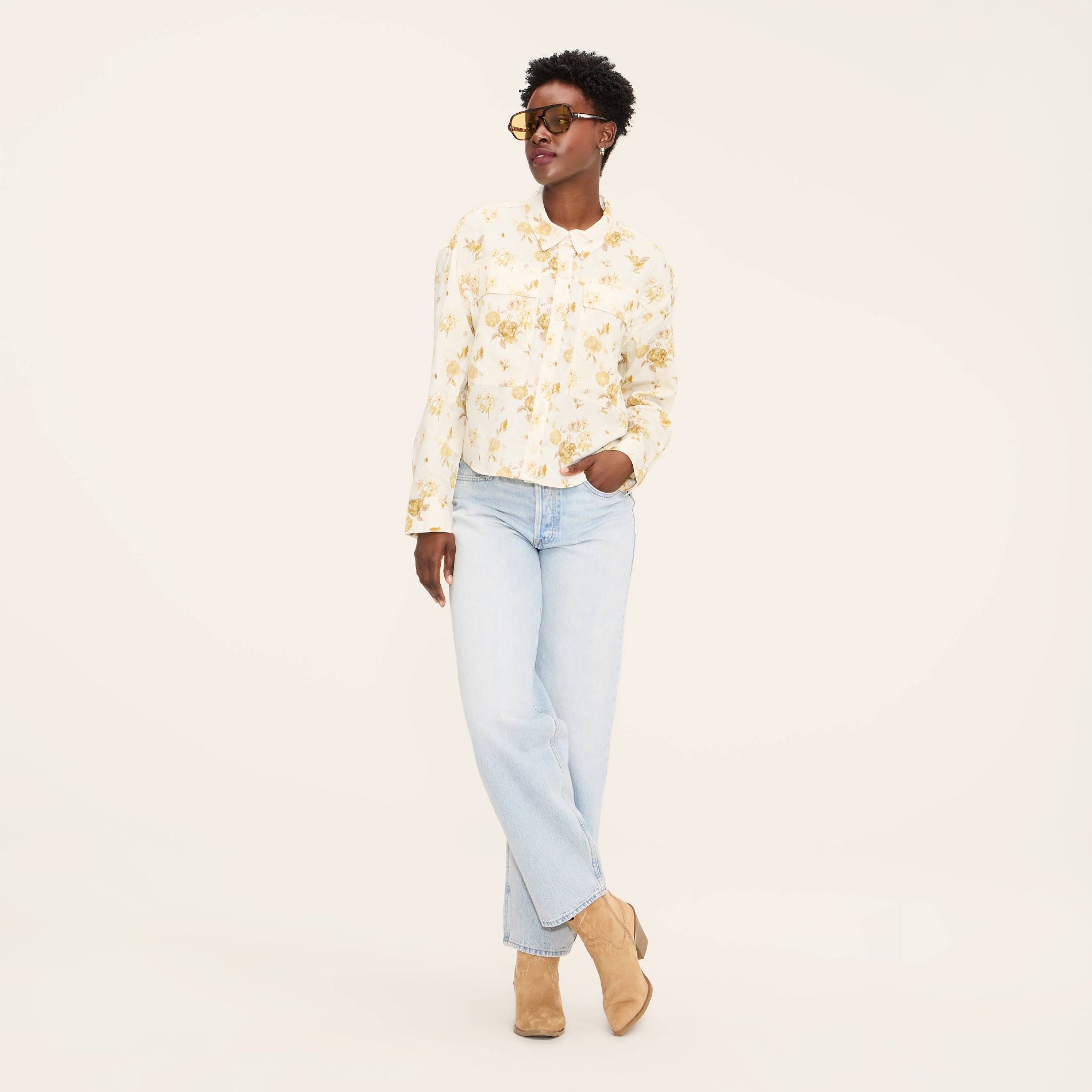 Women's Floral Button-Down Long Sleeve Collared Utility Shirt - Woolrich x Target Cream M