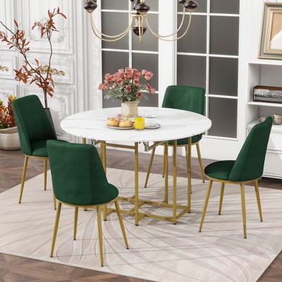GDFStudio Oscar 5 Piece Modern Ergonomic Iron and Linen Upholstered Dining Set with 47.2" Foldable Faux Marble Table