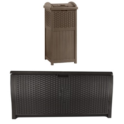 Suncast Trash Hideaway Resin Wicker Style Garbage Bin & 99 Gallon Deck Box, Java