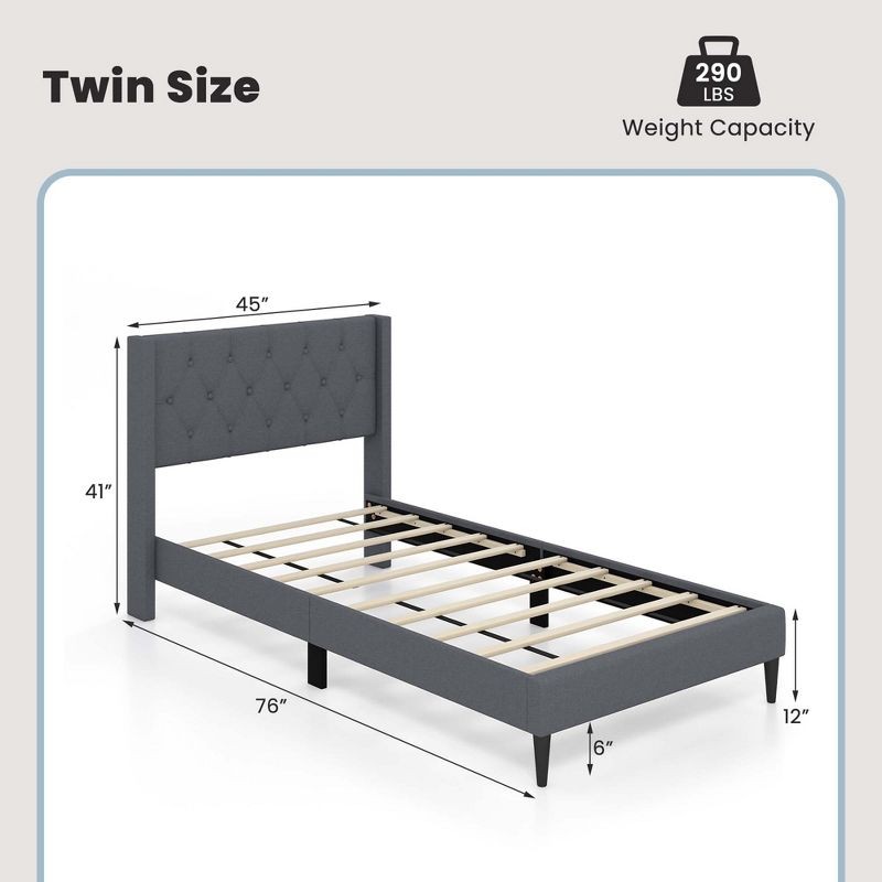 Costway Twin Size Upholstered Platform Bed with Button Tufted Wingback Headboard Blue/Grey, 3 of 11