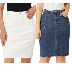 INSPIRE CHIC Women's Basic Distressed High Waist Ripped Hem Washed Jeans Skirt 2 Packs - 1 of 4