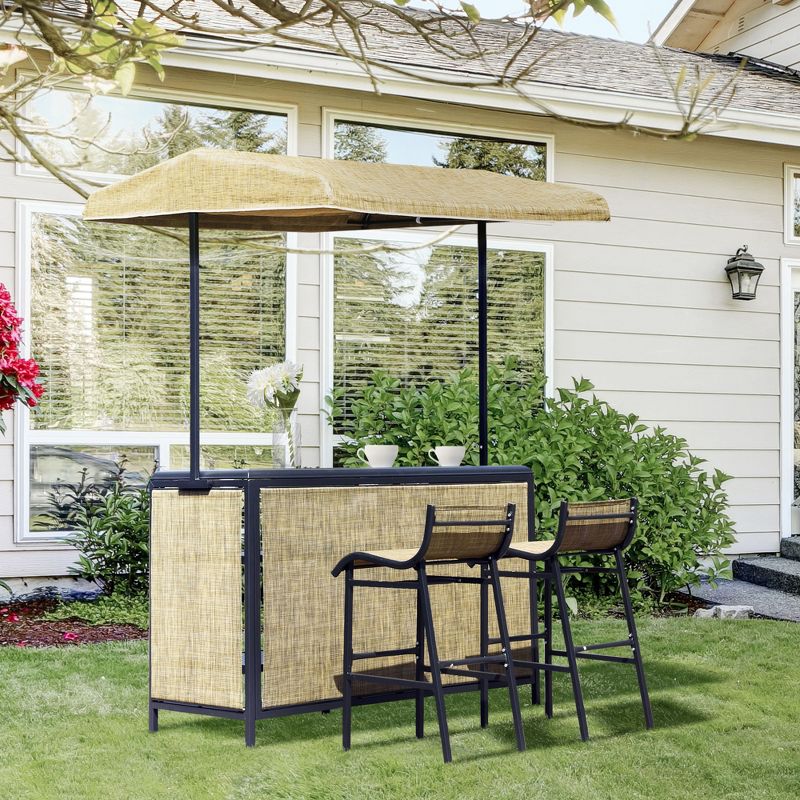 Outsunny 3 Piece Outdoor Bar Set for 2 with Canopy, Rectangular Table with Storage Shelves & Two Bar Chairs, Breathable Mesh, 2 of 10