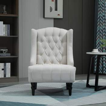 HomCom Linen Fabric Button Tufted Tall Wingback Accent Chair with Wooden Legs
